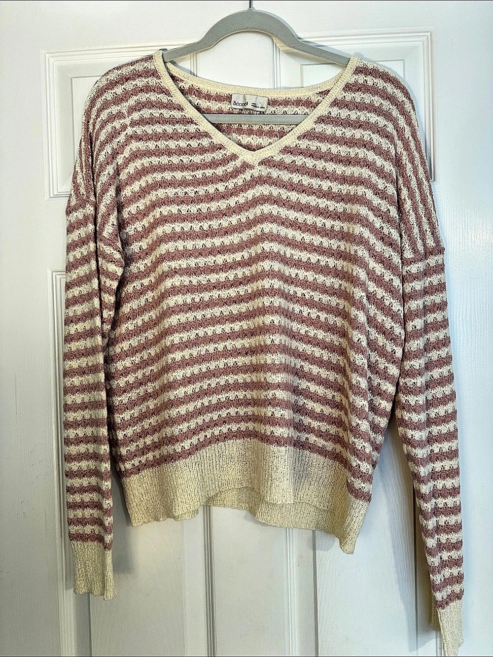 Be Cool Pink & Cream Striped V-Neck Sweater